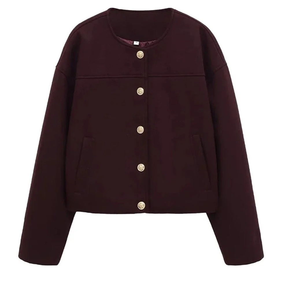 Zara Gold-Button Round-Neck Jacket in Deep Burgundy